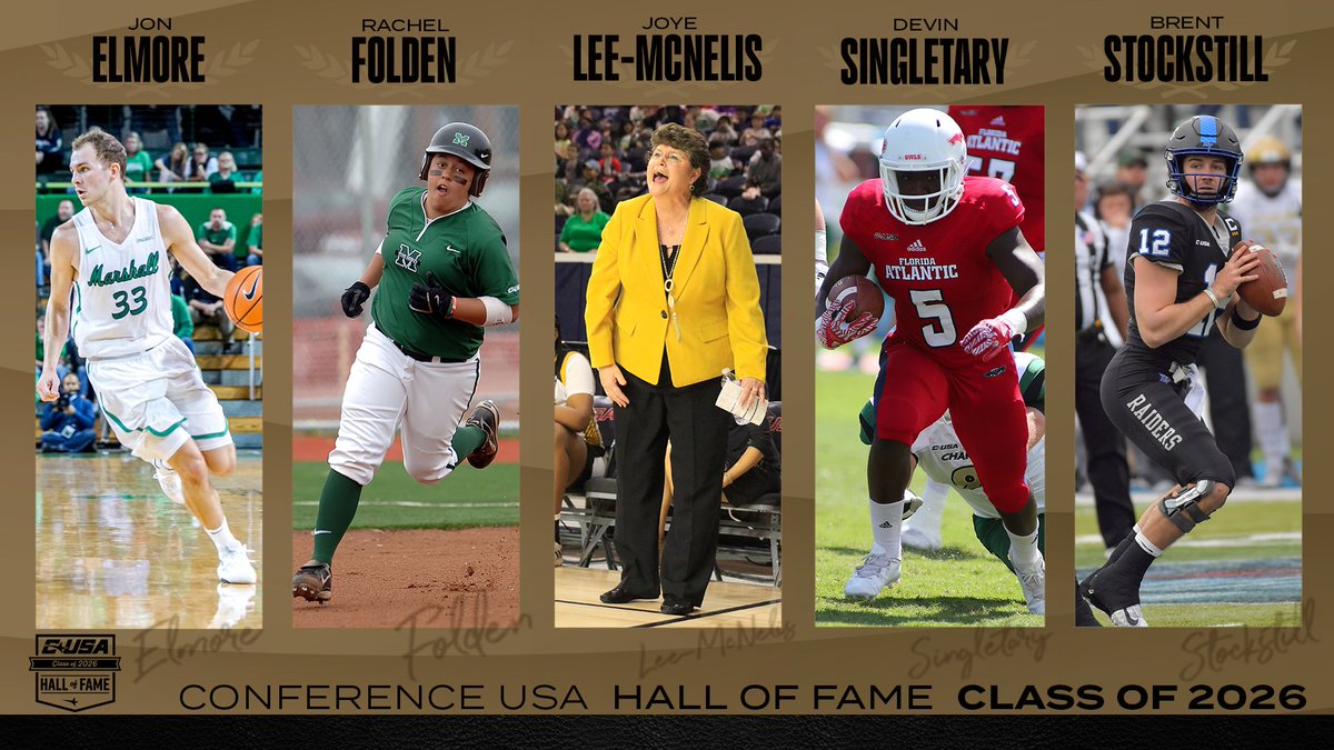 ConferenceUSA's tweet photo. Excellence leaves a legacy 💫
Meet the CUSA Hall of Fame Class of 2026—five remarkable individuals whose achievements have helped shape our conference and inspire future generations. 

 #NoLimitsOnUs | https://t.co/J4sV4CGGtx