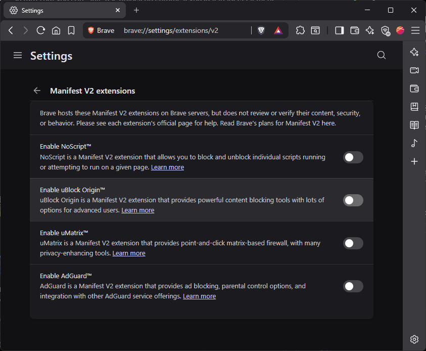 BraveSampson's tweet photo. Brave still supports uBlock Origin even though Google aimed to shut it down over manifest requirements. We have it listed in brave://settings/extensions/v2 for any who wish to continue using it. @EccentricHelio, was Tampermonkey also soft-blocked by upstream Chromium changes? From what I can tell, they moved to MV3 long ago.