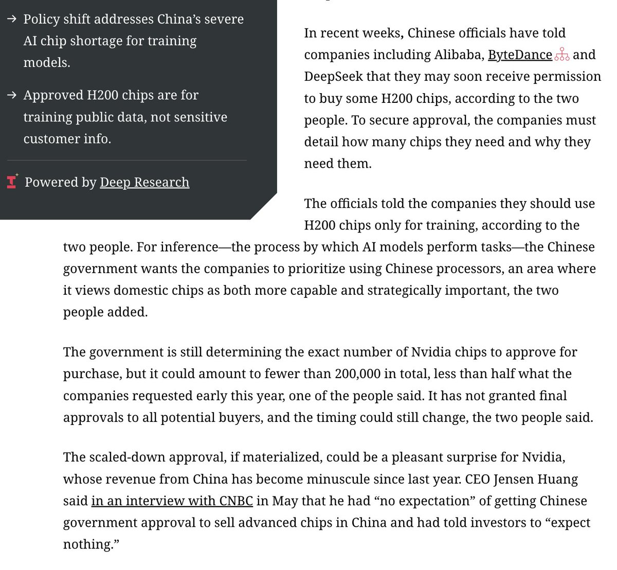 jukan05's tweet photo. CHINA’S GOVERNMENT HAS APPROVED PURCHASES OF 200,000 NVIDIA H200 CHIPS BY DEEPSEEK, BYTEDANCE, ALIBABA AND OTHERS FOR TRAINING PURPOSES. https://t.co/l0R37vf2Yg
