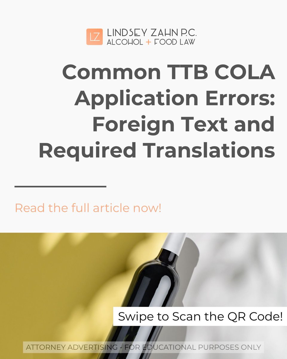 LindseyAZahn's tweet photo. One overlooked error when submitting a TTB COLA is leaving foreign text on labels untranslated. Learn how to avoid errors and delays in our latest blog post! 📄📝🍷🍺🥃

https://t.co/1CuFSDehf6 

#TTB #TTBCola https://t.co/WeahFbTq7n