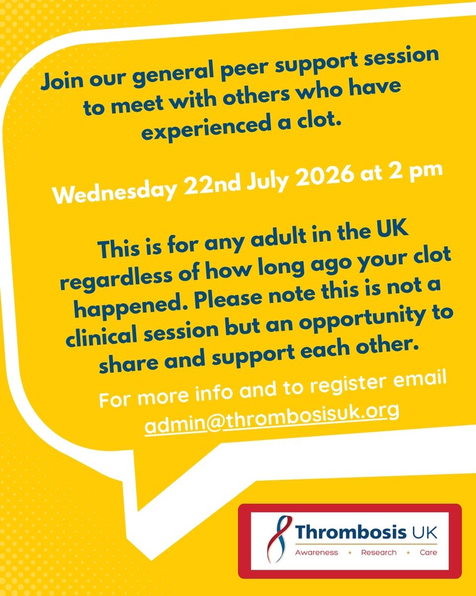 ThrombosisUK's tweet photo. Join our general peer support session to meet with others who have experienced a clot Wednesday 22nd July 2026 2pm - 3pm on Zoom.
For more info and to register email admin@thrombosisuk.org or click the link https://t.co/jugHFE4dCf
#thinkthrombosis #TUK #DVT #ThrombosisUK https://t.co/MTmXm8JeUb