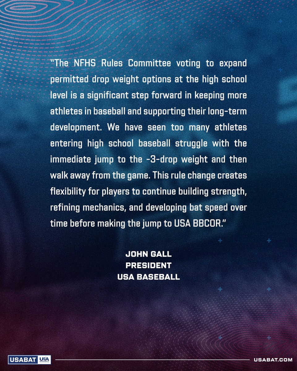 USABaseball's tweet photo. @NFHS_Org @USABasePipeline This change gives young players a chance to build up to USA BBCOR while gaining confidence and having more fun playing baseball. https://t.co/Vd5XoTHce5