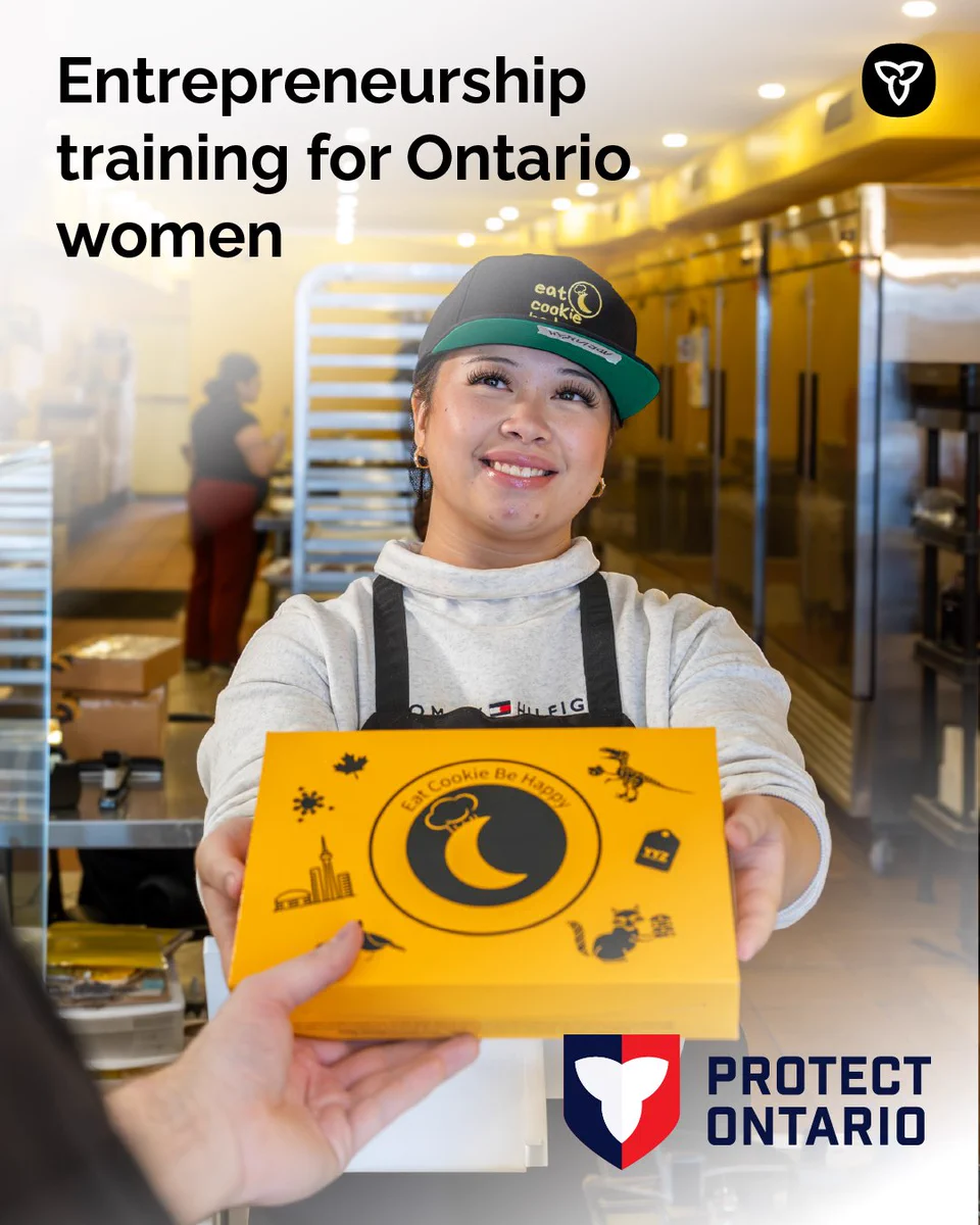 A smiling baker giving a customer a box of baked goods. Text reads: Entrepreneurship training for Ontario women