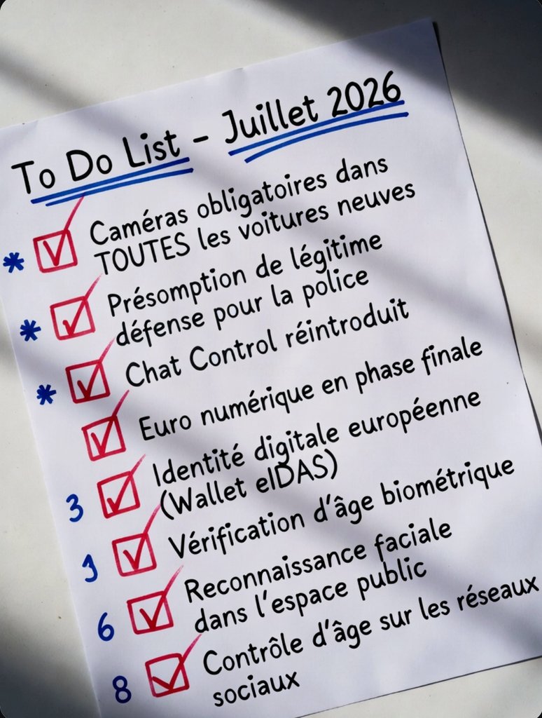 KuptoKosmos's tweet photo. 🇪🇺 Triste avenir pour les européens...

• Caméras obligatoires dans TOUTES les voitures neuves
• Présomption de légitime défense pour la police
• Chat Control réintroduit
• Euro numérique en phase finale
• Identité digitale européenne (Wallet eIDAS)
• Vérification d’âge biométrique
• Reconnaissance faciale dans l’espace public
• Contrôle d’âge sur les réseaux sociaux

#SurveillanceDeMasse ⏳