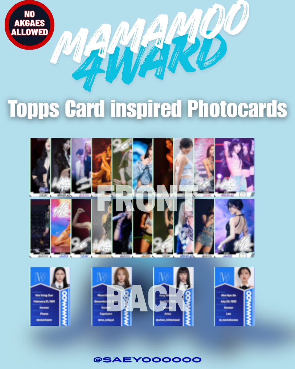 Saeyoooooo's tweet photo. MAMAMOO 4WARD in Manila Freebies! 

Hi Moos! I'll be giving away some Topps Card-inspired Photocards on con day!! Maghanapan na lang tayo sa Araneta. Open din po for trades. 😊 See you, Moos! 

#Mamamoo4ward
#4wardInManila
#Solar #Moonbyul #Wheein #Hwasa

P.S. Check top-left https://t.co/4g3IEApTwm