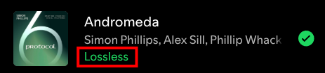 dougreese's tweet photo. Just noticed this in the Spotify desktop app.

And if you haven't heard the latest Simon Phillips Protocol 6 release, it's awesome. 

#spotify #lossless #protocol https://t.co/vOrFufhXpT