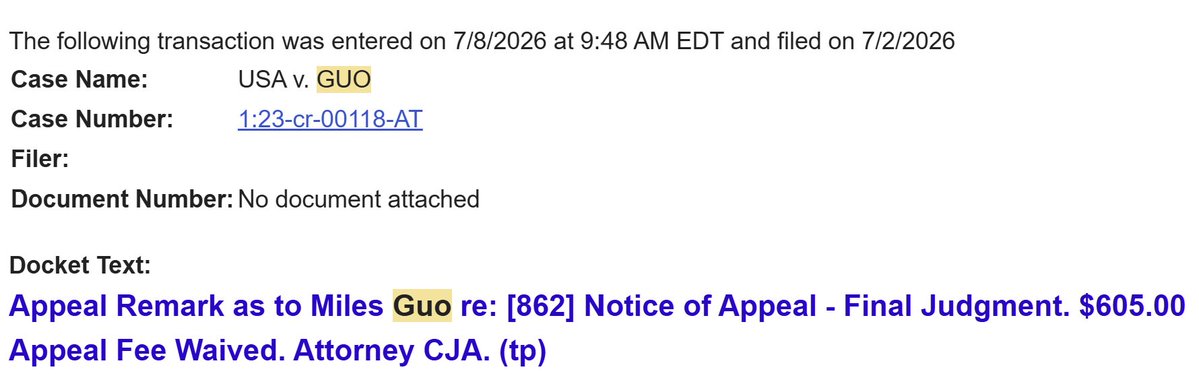 innercitypress's tweet photo. Update: After Miles Guo sentenced to 30 years in prison, now he has appealed: "as to Miles Guo re: [862] Notice of Appeal - Final Judgment. $605.00 Appeal Fee Waived. Attorney CJA." Inner City Press on the case(s) - including upcoming US v. Guan/Epoch Times trial https://t.co/Ku5Is3AmwR