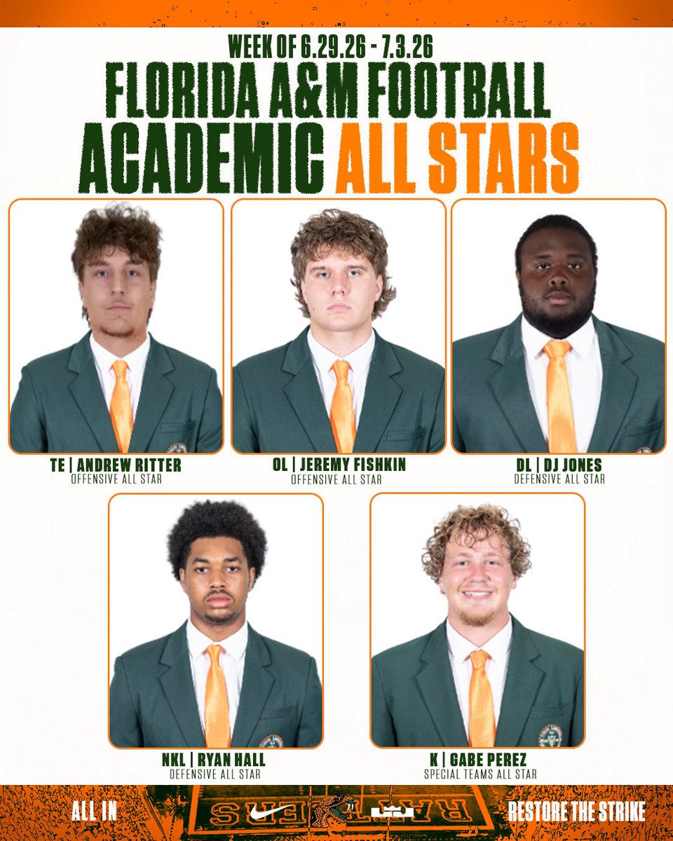 FAMU_FB's tweet photo. Rattlers who continue to raise the standard! 📚

Congratulations to our Academic All-Stars for their commitment to academic excellence. 🐍

#RestoreTheStrike X #ALLIN https://t.co/1RIzlU7eII