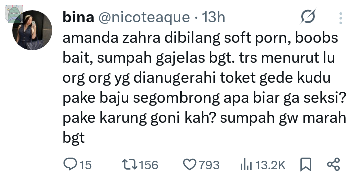 tanyarlfes's tweet photo. 💚 relate sm tweet ini, sbg org yg punya dada bsr sejak lhr suka dikatain m*ntok pdhl aku anti bgt baju terbuka, trs prnh ada bpk2 random nanya ke aku "sering dikeny*tin pacar ya dek kok gede?" aku lgsg lari plg sambil nangis. msh traumatizing bgt ke aku sampe detik ini https://t.co/ydRSxvWJsI