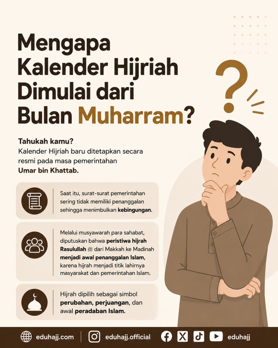 eduhajj's tweet photo. Tahukah kamu? 📅

Hijrah Rasulullah ﷺ terjadi pada bulan Rabiul Awal, tetapi tahun Hijriah justru dimulai dari Muharram. Mengapa demikian? 🤔

Cari tahu alasannya! ✨

#Muharram #TahunBaruHijriah #SejarahIslam #EduhajjOfficial https://t.co/x2VmlfstDB