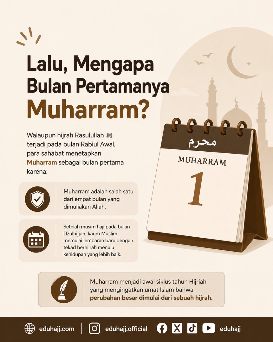 eduhajj's tweet photo. Tahukah kamu? 📅

Hijrah Rasulullah ﷺ terjadi pada bulan Rabiul Awal, tetapi tahun Hijriah justru dimulai dari Muharram. Mengapa demikian? 🤔

Cari tahu alasannya! ✨

#Muharram #TahunBaruHijriah #SejarahIslam #EduhajjOfficial https://t.co/x2VmlfstDB