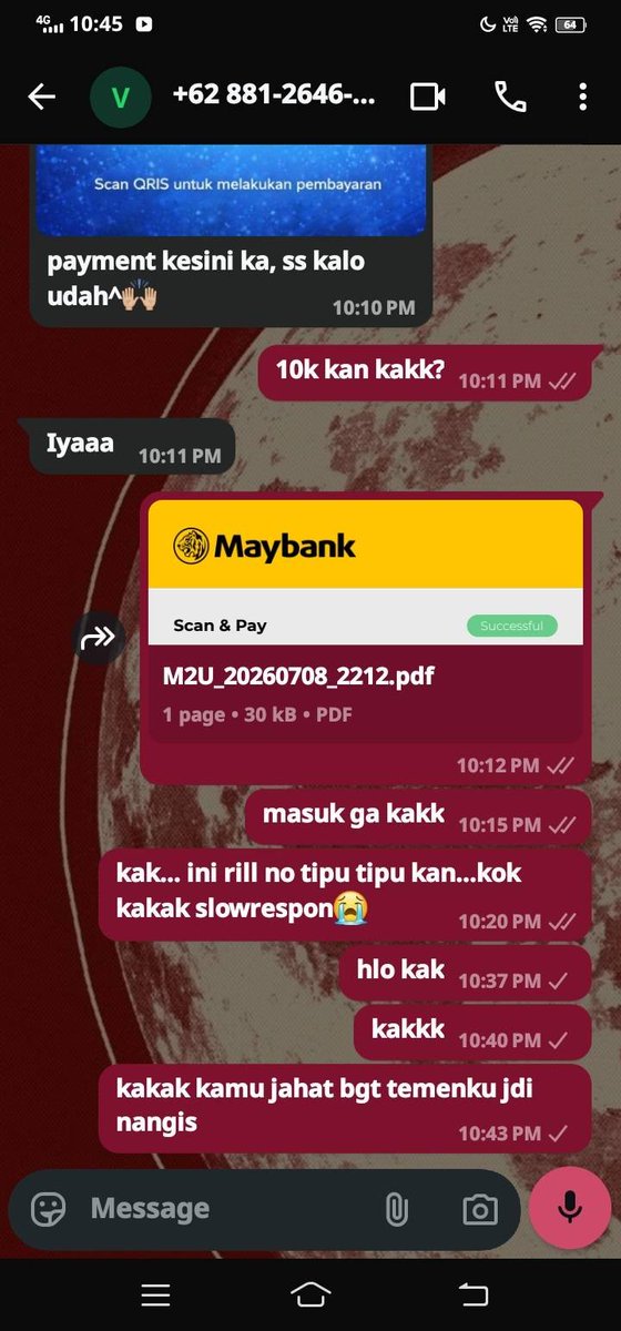 tixnnitus's tweet photo. ⚠️ PENIPUAN, SCAM, TUKANG TIPU ⚠️

Guys help rt dong, temenku 2 org abis ditipu pas mau beli acc kosongan. Walopun ((cuma)) 10k, tapi kalo doi nipu terus tetep aja jadi gede.

Ini akun sosmed &amp; QRISnya
https://t.co/elnQHJwTYU
 +62881-2646-391
@.WaCocomelon 

#zonauang #zonaba https://t.co/gYPez3oYrA