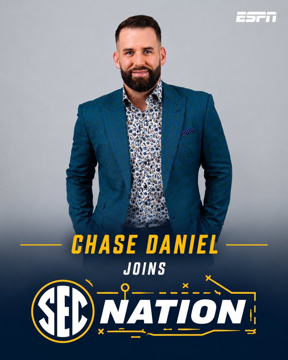 ChaseDaniel's tweet photo. Pretty excited to finally share this…

I’m signing a multi-year extension with ESPN, & I couldn’t be more excited.

This season, I’ll be wearing a few different hats: - SEC Nation - Thursday Night Primetime CFB - NFL Studio Coverage

To everyone who’s watched the YouTube breakdowns, listened to the podcasts, watched on TV, or supported this next chapter after my playing career…thank you. None of this happens without you.

I can’t wait to hit the road with SEC Nation, call national ESPN games on Thursday nights, break down the NFL, and bring you guys even more football all season long.

There’s even more news coming soon… 👀