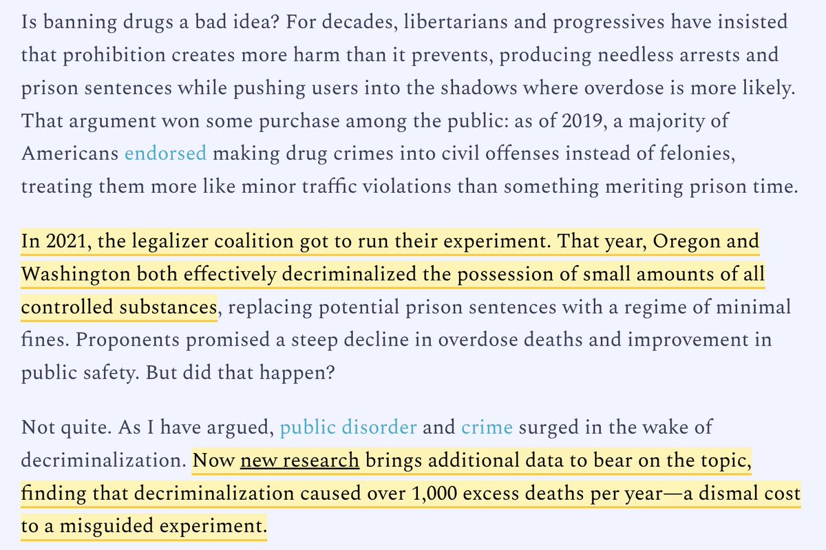 robkhenderson's tweet photo. "In 2021...Oregon and Washington both effectively decriminalized the possession of small amounts of all controlled substances...decriminalization caused over 1,000 excess deaths per year—a dismal cost to a misguided experiment." https://t.co/BK6bjHJ1BF https://t.co/BOiq3k7CLu