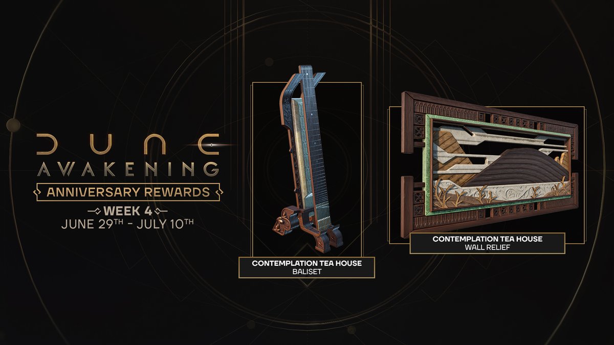 DuneAwakening's tweet photo. Remember to log into the game before July 10th to unlock all the First Anniversary rewards for your account!

We hope you enjoyed the celebrations, and here's to another spice-fueled year! ✨ https://t.co/2iAYRHdWUq