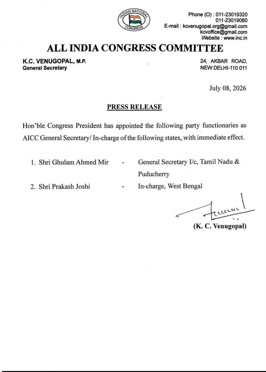 iamvijayvasanth's tweet photo. Hearty congratulations and a warm welcome to Shri Gulam Ahmed Mir on his appointment as the AICC General Secretary in charge of Tamil Nadu.
Under the dynamic leadership of PCC President Thiru Manickam Tagore, we are confident that the Indian National Congress will scale even greater heights in Tamil Nadu.
Together, let us strengthen the organisation and work tirelessly to uphold the values of democracy, justice, and inclusive development.
@GAMIR_INC