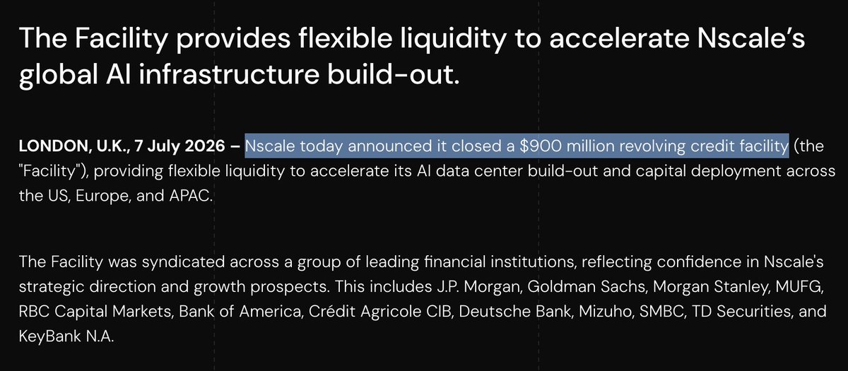 wliang's tweet photo. $WYFI anchor just got a lot stronger, and it seems like the market hasn't caught wind of it yet?

Nscale just closed a $900M credit facility (confirmed a few hours ago) syndicated across a dozen banks... JPM, Goldman, Morgan Stanley, BofA, Deutsche, and more.

WhiteFiber's biggest customer...

> Just locked in investment-grade bank financing
> De-risked the entire NC-1 contract
> Is now valued at ~$15B, backed by $NVDA, $DELL, $NOK

Could likely see a deal expansion with $WYFI here.

Will be fun watching the market catch up when the dots start to connect.