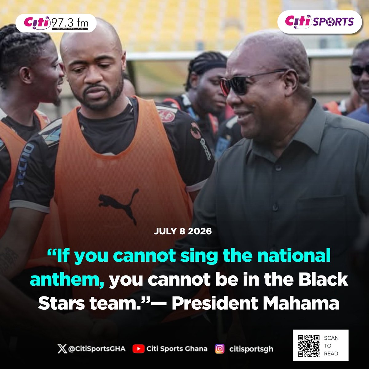 CitiSportsGHA's tweet photo. 🎥 🇬🇭 “If you cannot sing the national anthem, you cannot be in the Black Stars team.”—President John Mahama.

#CitiSports https://t.co/rS9SrsGLNU