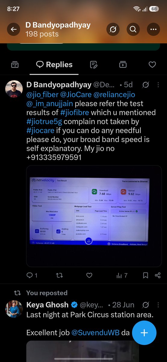 DebapriyaBandyo's tweet photo. @JioCare @jagograhakjago my jiofibre plan(6290911924) is of  10mbps.frequently internet disrupted  check the speed as per @jio_fiber customer care executive showing average download speed 5.29 mbps and instead of solving problem advice to update plan. @reliancejio looted  #Indian https://t.co/dBLheWe7tB