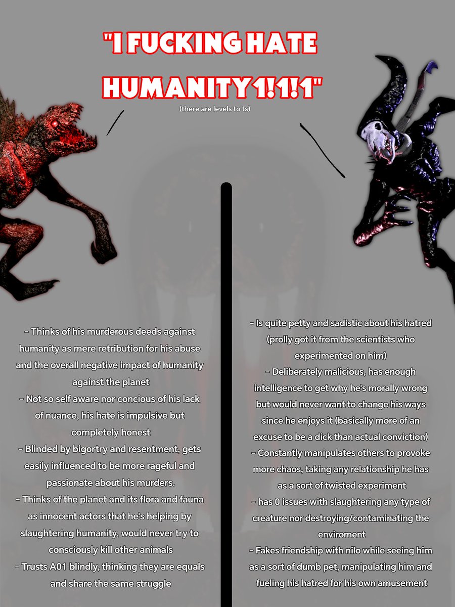 RottingDemoness's tweet photo. Random thing but I wanted to share how I'd write pillar chase niloticus and a01 to contrast each other, given how similar his motivations are https://t.co/NrGH9nUefi