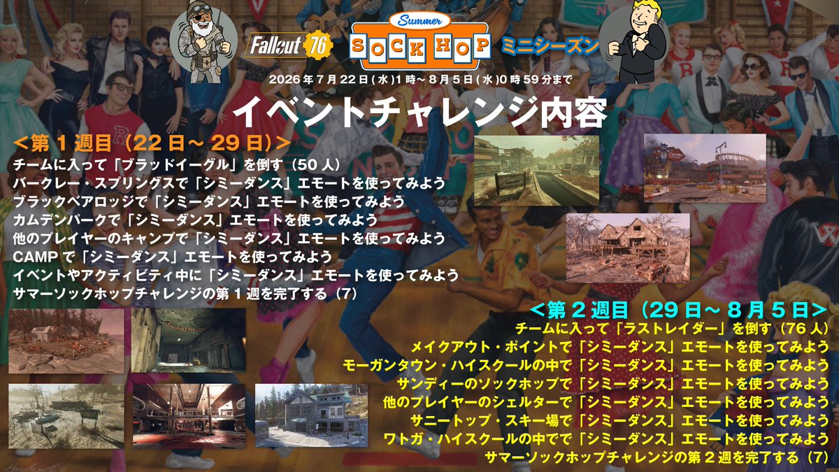 nuka_nldermaxso's tweet photo. 🕺久々の風の谷のヌパ様情報局🕺
学生パーティ50sロックンロールをテーマにした
ミニシーズン「サマーソックポップ」が
7月22日（水）からスタートするぞい🪩
新エモートや新キャンプアイテムなど目白押し！
チャレンジ内容と主な報酬まとめたので
参考にしてレッツダンスじゃ💃
#fallout76 https://t.co/i44Pcej76X