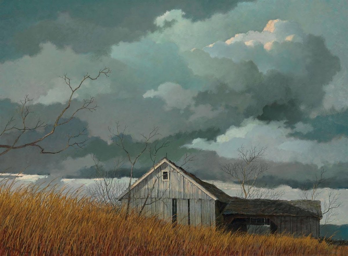 sylvainsarrailh's tweet photo. Eric Sloane's paintings look so much like 1980s anime backgrounds that I can't help but think he inspired many traditional background artists. (1905 – 1985) https://t.co/O1yiGWj8y8