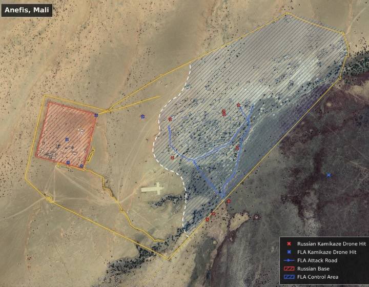 Arab_Intel's tweet photo. 🏳️🇷🇺🇲🇱 | Une carte des affrontements en cours entre le Corps africain russe et le FLA à Anefis, au Mali.

Géolocalisation (approximative) :
18°02’36.4” N, 0°35’42.6” E https://t.co/StpBiGyQpm