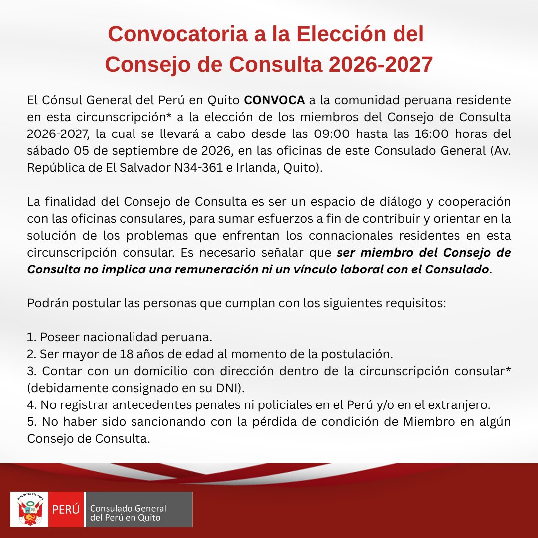 ConperQuito's tweet photo. Compartimos con ustedes la convocatoria a la elección del Consejo de Consulta 2026-2027 https://t.co/taUn9mLfJ2