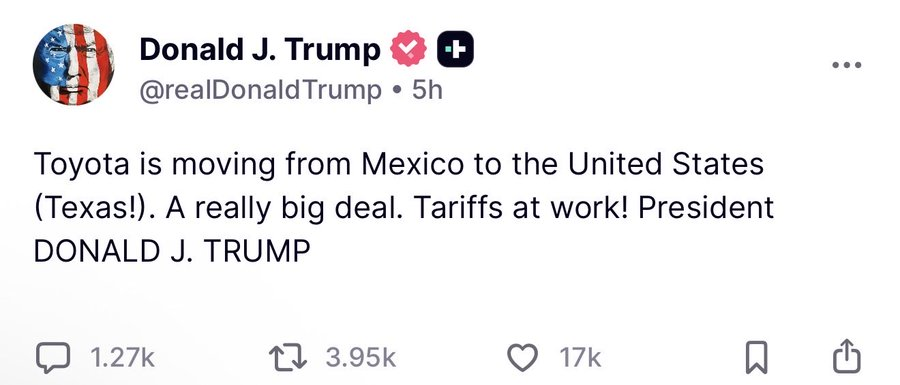 Anna1536wj's tweet photo. HOLY SH*T: In case you missed it: Toyota stuns the World by moving from Mexico to the United States  THIS IS ALL THANKS TO PRESIDENT TRUMP  TARIFFS WORK 🔥 https://t.co/BiS4d7J6vT