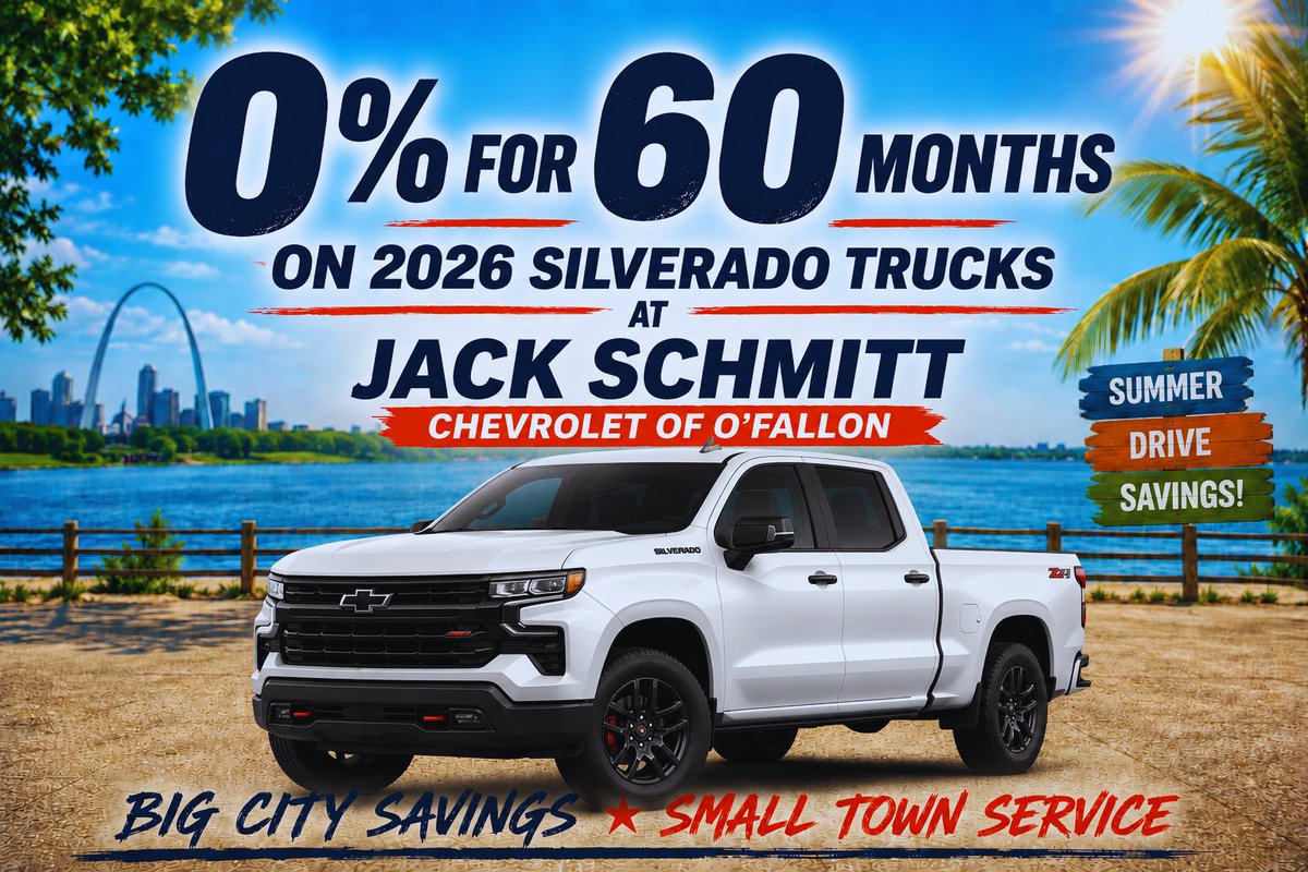 OfallonJack's tweet photo. ☀️ Summer Truck Deals are here! 🚘

Get 0% for 60 months on select 2026 Chevy Silverado trucks PLUS no payments until after Labor Day!

Visit https://t.co/WapQSCPz1Q for more info.

Big City Savings with Small Town Service.

#Chevy #Silverado #TruckDeals #SummerSavings #OFallon https://t.co/aBVO3znNhX
