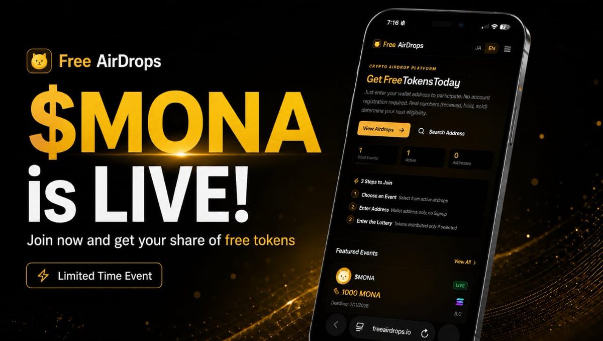Monasolanatoken's tweet photo. Introducing the MONA Genesis Airdrop. 🐱
https://t.co/UfNliNQLnr

Check your eligibility for a chance to receive a $MONA Genesis allocation before launch.

Every eligible wallet can verify its allocation for free. Our eligibility engine analyzes on-chain activity across the Solana ecosystem to reward genuine community members and early supporters.

To ensure a fair distribution, only verified wallets will qualify for the Genesis snapshot and allocation.

The Genesis Airdrop is already LIVE! 🚀
Check your eligibility at https://t.co/UfNliNQLnr, verify your wallet, then reply to this post with your Solana wallet address to enter our bonus  $MONA reward draw.