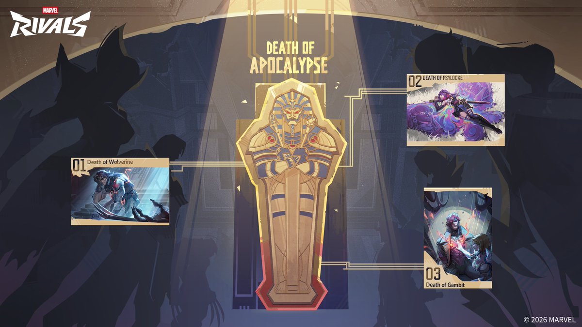 MarvelRivals's tweet photo. A brutal murder mystery has taken over Season 9! 🕵️‍♂️

Put on your detective hat for the "Death of Apocalypse" event on July 10 UTC.

Hunt for hidden clues, fill in the blanks on the deduction page, and unmask the killer among us to claim Units, Gallery Cards, and more! https://t.co/LHr2YFK1n1