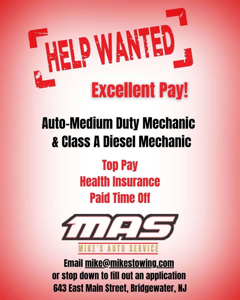 MAS_MTR's tweet photo. We're Hiring!
Join the team at Mike's Auto Service!

We're looking for:
Auto–Medium Duty Mechanics
Class A Diesel Mechanics

We offer:
Top Pay
Health Insurance
Paid Time Off

Email mike@mikestowing.com or stop by 643 East Main Street, Bridgewater, NJ to fill out an application. https://t.co/zHveGlKzPN
