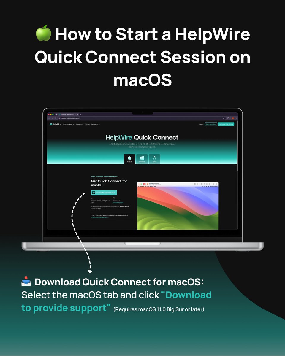 help_wire's tweet photo. 🔒 Remote support on macOS in 5 steps with HelpWire Quick Connect:

Download HelpWire Operator → https://t.co/6N7jKz903x 
Open it, copy your link
Send it to your client
Client opens it + launches HelpWire
Client hits "Grant access" — you're in

🍏 Free. No sign-up. https://t.co/70CuQWBZsl