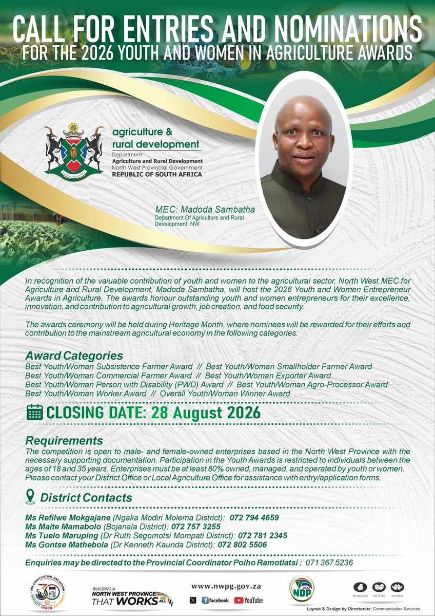 nwpg_dard's tweet photo. CALL FOR ENTRIES!
Are you a young farmer or a woman making waves in agriculture?

The North West Department of Agriculture and Rural Development invites eligible farmers and agricultural enterprises to enter the 2026 Youth &amp; Women Entrepreneur of the Year Awards.@DOAgov_ZA https://t.co/wghzXKsDG8