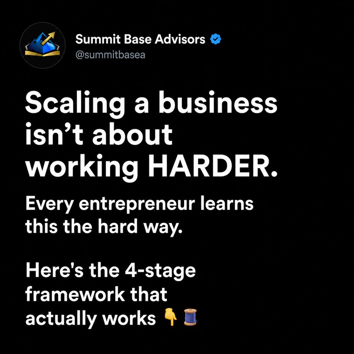 summitbasea's tweet photo. Scaling a business isn't about working HARDER. Every entrepreneur learns this the hard way. Here's the 4-stage framework that actually works 📷📷
#ScaleYourBusiness #BusinessScaling #GrowthFramework #SummitBaseAdvisors #BusinessStrategy #Entrepreneur #BusinessGrowth #ScalingUp https://t.co/EbQiugjvpz