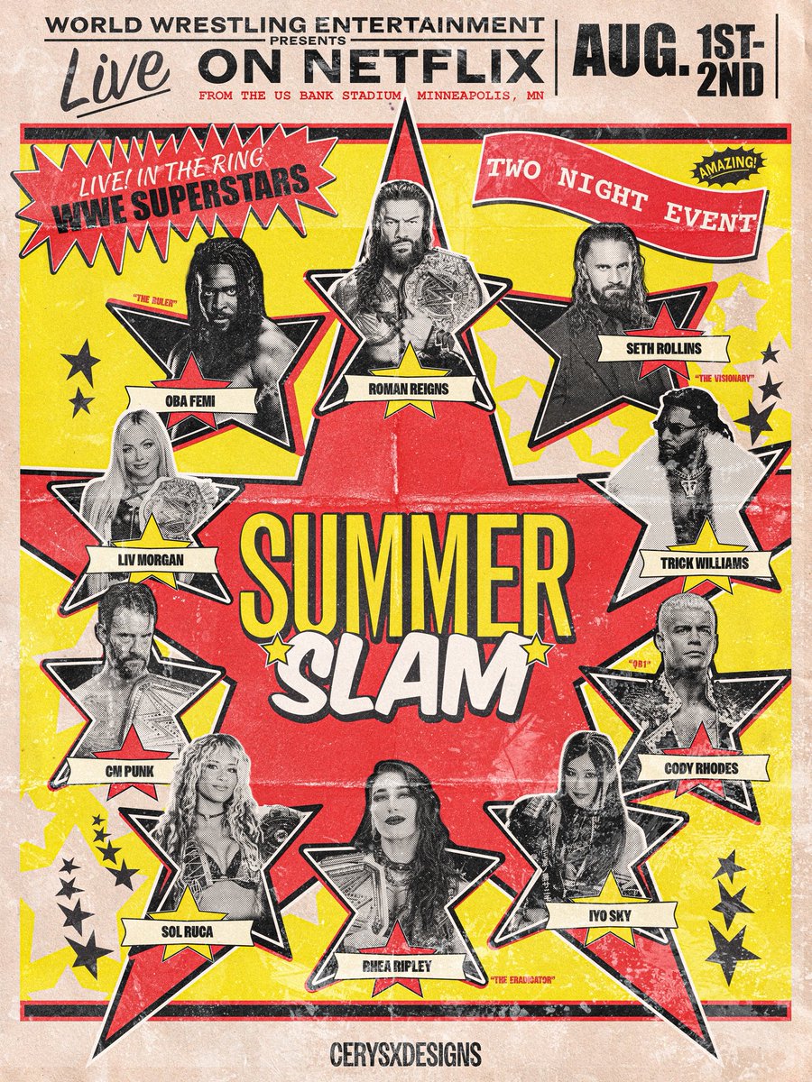 cmxcerys's tweet photo. WWE SummerSlam 2026.
-
A recreation of my favourite summerslam poster from 2009.
-
#graphicdesign #wwe #SummerSlam https://t.co/Wp01RzGijJ