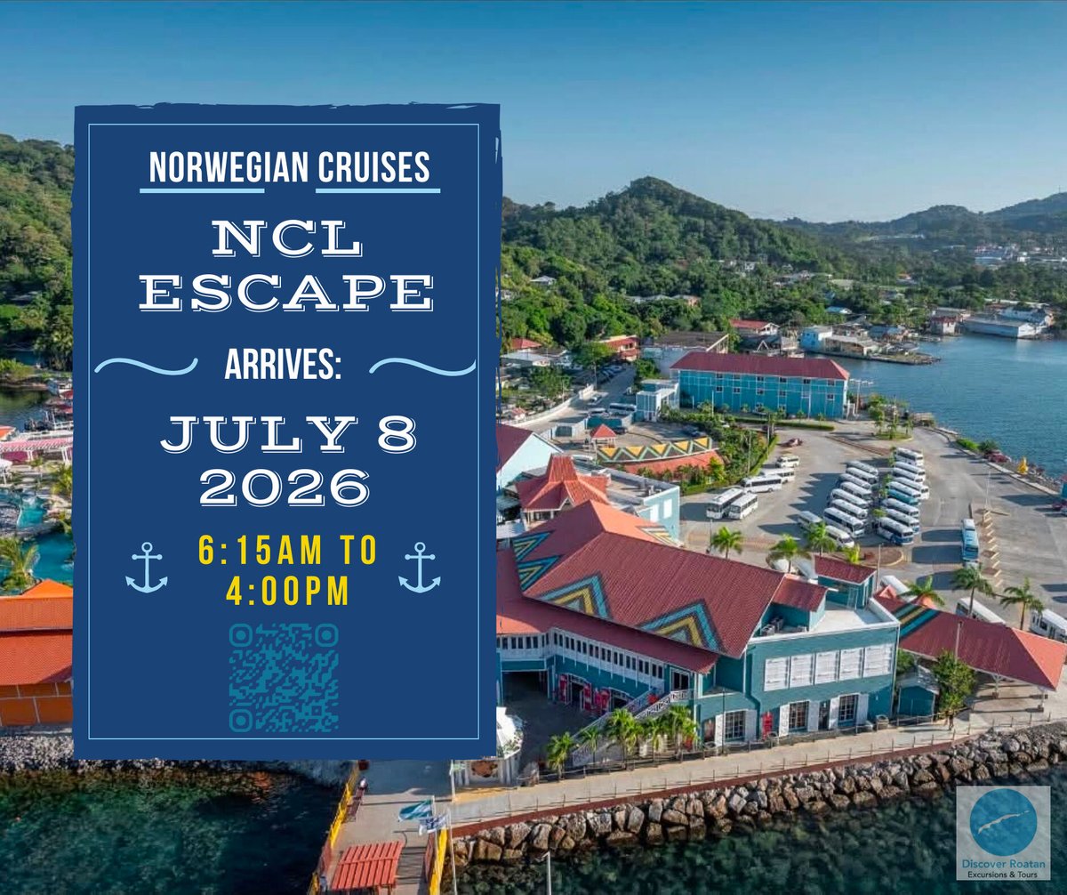 DiscoverRoatan's tweet photo. Port of Roatan welcomes the Norwegian Escape today!
๐ณ Schedule: July 8, 2026 - 6:15am to 4:00pm (GMT-6)
โก๏ธ 2026 Port Schedule: https://t.co/30Jnsaq2WF
#travel #cruise #caribbean #honduras #roatan #portofroatan #ncl #norwegianescape #nclescape #roatanexcursions #discoverroatan https://t.co/HAuGrCO7I0