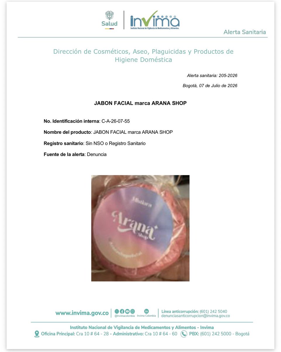 realityscol's tweet photo. El INVIMA emitió una alerta sanitaria contra el jabón de Jesús Arana, advirtiendo que su comercialización en Colombia es ilegal por tratarse de un producto fraudulento. Se debe  suspender de inmediato su uso y denunciar a quienes lo distribuyan. 
Arana no se ha pronunciado aún. https://t.co/9hEQ3pJ2gc