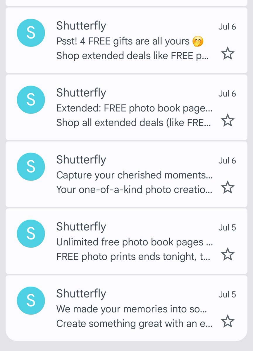 Kelly_I_Thomas's tweet photo. @Shutterfly This is UNACCEPTABLE! 10 Spam messages after I simply signed up. At LEAST 5 after I unsubscribed. I've unsubscribed 3x via the email link, and once via my account in settings. I'm shutting my account down and NEVER, EVER, EVER ordering from you. This is insane. https://t.co/xEPXkxJ4hG