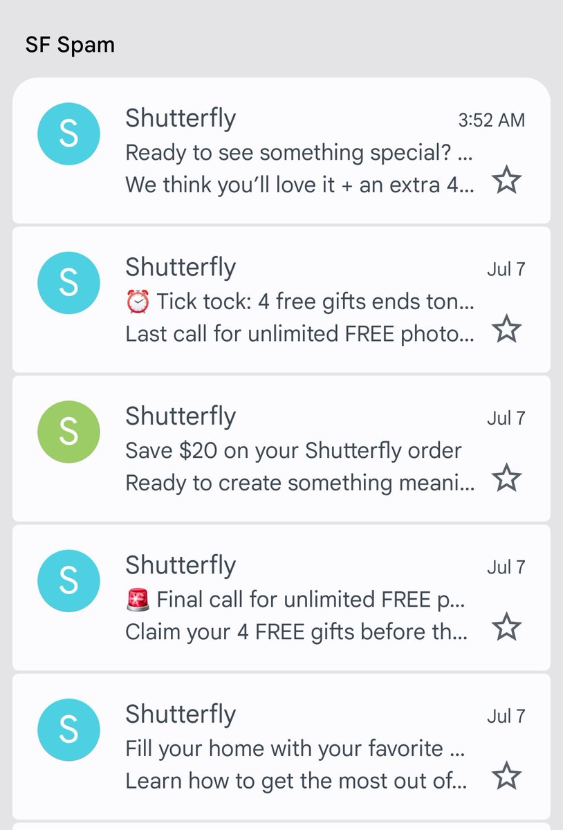 Kelly_I_Thomas's tweet photo. @Shutterfly This is UNACCEPTABLE! 10 Spam messages after I simply signed up. At LEAST 5 after I unsubscribed. I've unsubscribed 3x via the email link, and once via my account in settings. I'm shutting my account down and NEVER, EVER, EVER ordering from you. This is insane. https://t.co/xEPXkxJ4hG