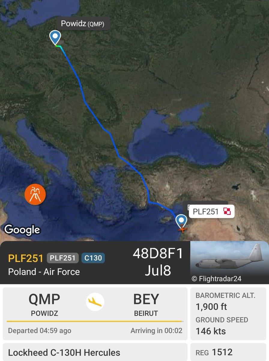 LebanonJets's tweet photo. #Poland AirForce C130 #1512 #48D8F1 into Beirut from Powidz then onwards to Adana/Incrilik AirBase as #PLF251 same aircraft most recently here on Mar23. #UNIFIL Polish troops were 140 on May1st with 1 less by July1 at total 139 https://t.co/igqTCdbuAn