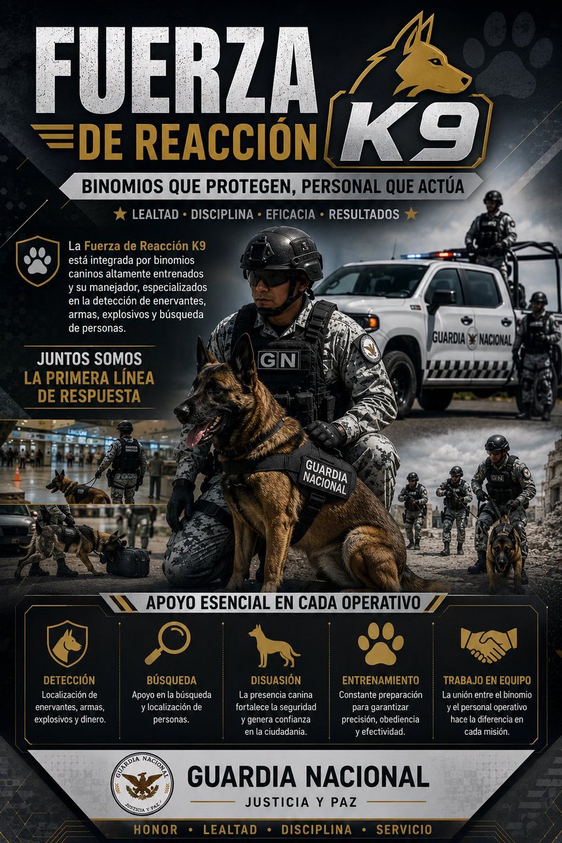 GNQRoo's tweet photo. FUERZA DE REACCIÓN K9

Los binomios caninos de la Guardia Nacional representan la unión perfecta entre la preparación del personal y las extraordinarias capacidades de nuestros ejemplares K9. https://t.co/KG0VQidejc