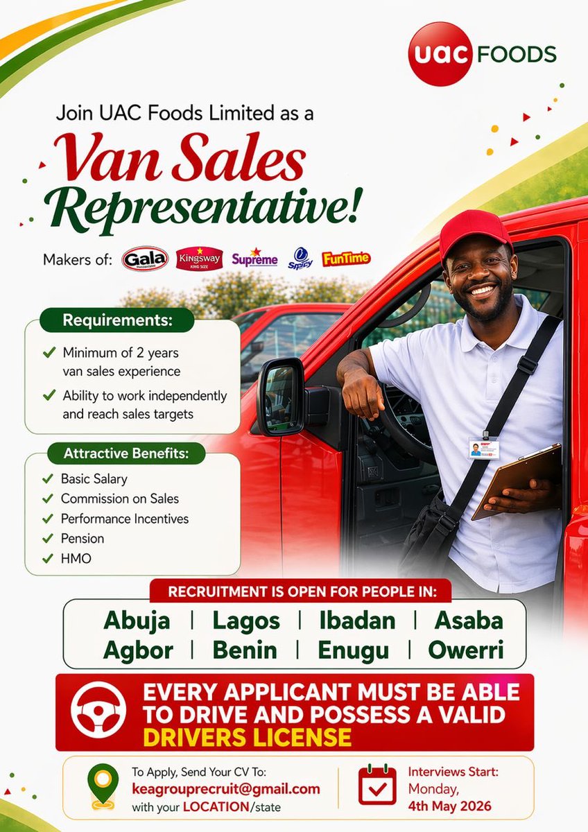 Pejuola_a's tweet photo. Hiring‼️

Van Sales Representatives

UAC Foods is hiring Van Sales Representatives in Abuja, Lagos, Ibadan, Asaba, Agbor, Benin, Enugu, and Owerri.

Requirements:
• Minimum of 2 years’ van sales experience.
• Ability to work independently and meet sales targets.
• Must be able to drive and possess a valid driver’s license.

What you’ll get:
✔️ Basic Salary
✔️ Sales Commission
✔️ Performance Incentives
✔️ Pension
✔️ HMO

📩 Send your CV to keagrouprecruit@gmail.com and include your preferred location/state.

If this opportunity isn’t for you, kindly repost or tag someone who might be interested.