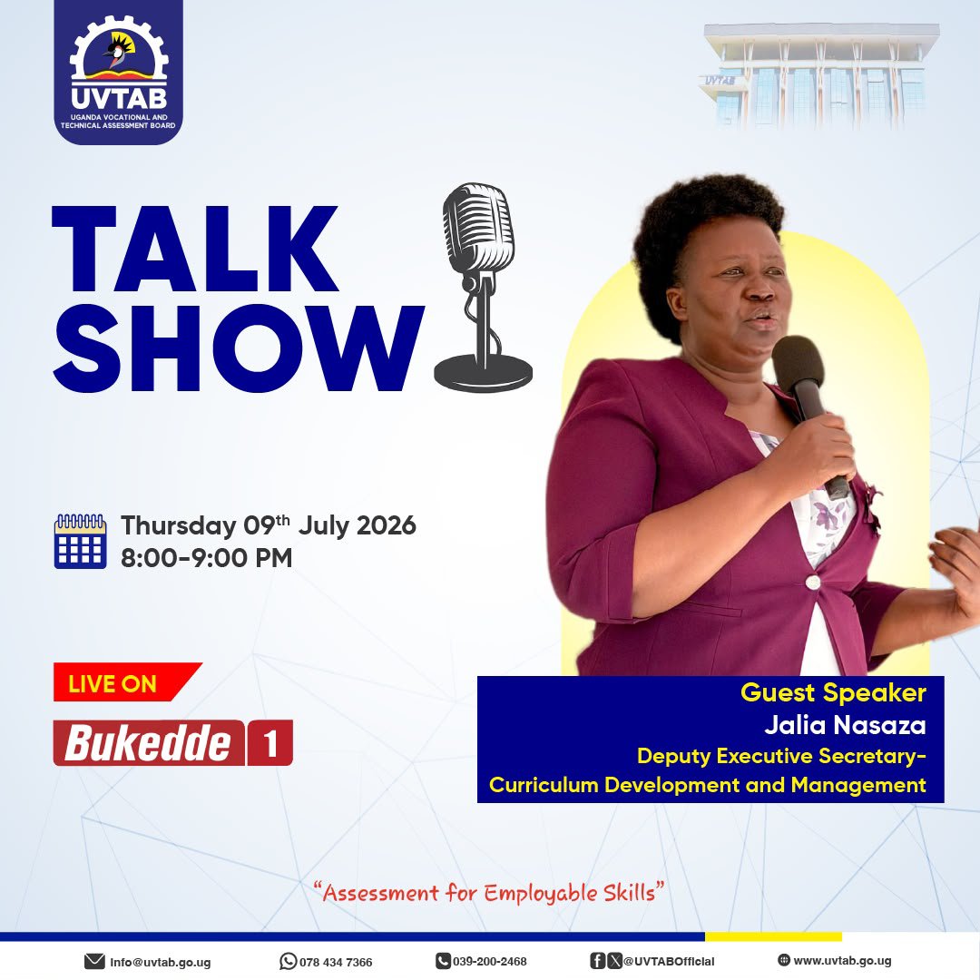 UVTABOfficial's tweet photo. Happening Tomorrow: Talk Show

Tune in as Ms.Jalia Nasaza, DES– Curriculum Development and Management, discusses UVTAB's role in assessment, certification, curriculum development and strengthening Employer Led-TVET in Uganda.

 Live on Bukedde 1 #AssessmentforEmployableSkills https://t.co/gtCPqbagOa