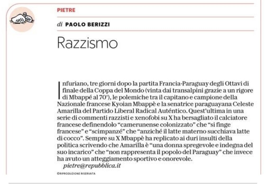 PBerizzi's tweet photo. "Sei uno scimpanzè, anzichè il latte dalla mamma succhiavi latte di cocco". A Mbappè. Una senatrice paraguayana. Mondiali di calcio 2026. 

#Pietre
@repubblica https://t.co/IS9oKGxRaH
