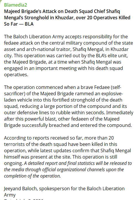 Bahotblch's tweet photo. Breaking 

The Baloch Liberation Army takes responsibility of attack on Pakistani Army backed 'Death Squads' key operative Shafiq Mengal's compound in #Khuzdar, Attack carried out by BLA's Majeed Brigade, operation continues - Says Jeeyand Baloch, BLA spokesperson https://t.co/zaa64tDBjI