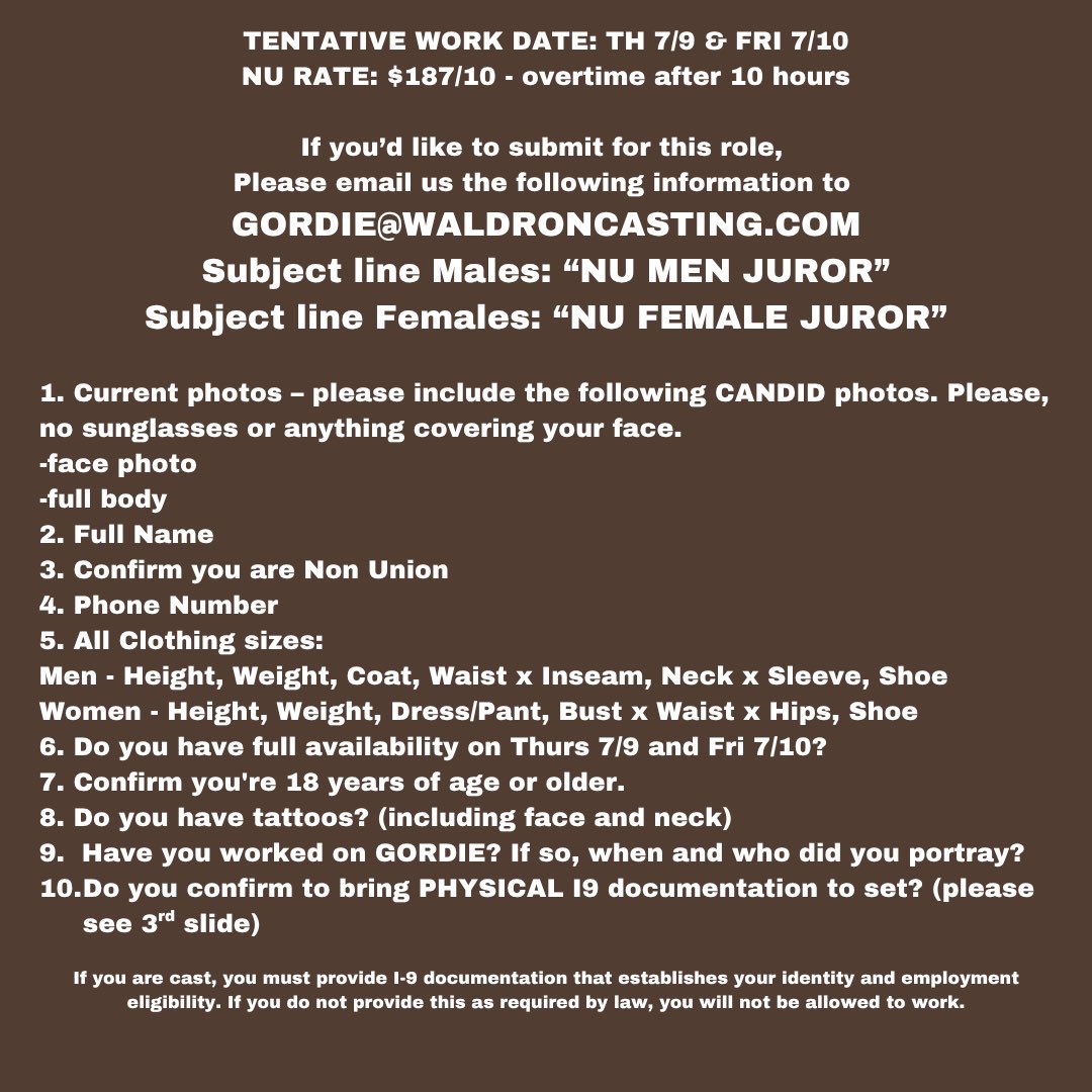 waldroncasting's tweet photo. We're seeking NON-UNION Men &amp; Women to portray Potential Jurors for an upcoming production! 👩‍⚖️👨‍⚖️
📅 Work Date: Thursday, July 9 📅 Potential Matching Date: Friday, July 10 📍 Filming Location: Interior stages in Long Island City, NY 🎥
📲Please read ALL of the slides carefully https://t.co/JIPn6x3bFc