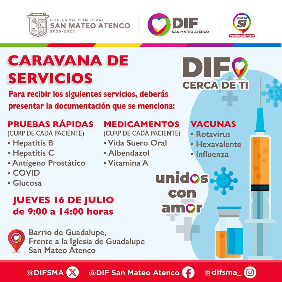DIFSMA's tweet photo. Tu DIF está más cerca de ti
🚨Vecinas y vecinos del #BarrioGuadalupe🚨
Tu familia es lo más importante, te invitamos a asistir a la caravana #DIFCercaDeTi, donde encontrarás servicios para cuidar de quienes más quieres. 🩺💉🪴💅🏻🐕
📍 Explanada frente a la iglesia
🕘 9:00 horas https://t.co/0VSwkC9uBQ