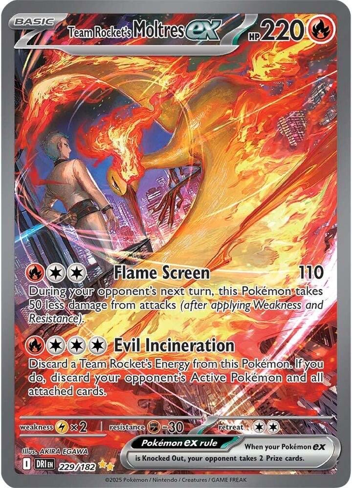PokeRestockX's tweet photo. real ones know Team Rocket’s Moltres ex SIR is criminally underpriced for what it is. this card has the artwork AND the character appeal, raw sitting in the low $100s while SIRs like this usually climb once supply dries up. adding this to my grading pile this week https://t.co/XvdaqhCDW7